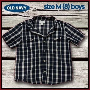 boys OLD NAVY black & white plaid short sleeve BUTTON UP size M (8) boys
